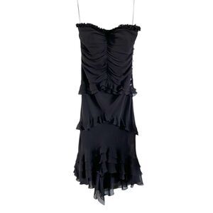 Vintage Cache Y2K Silk Strapless Ruched Ruffle Midi Evening Dress
